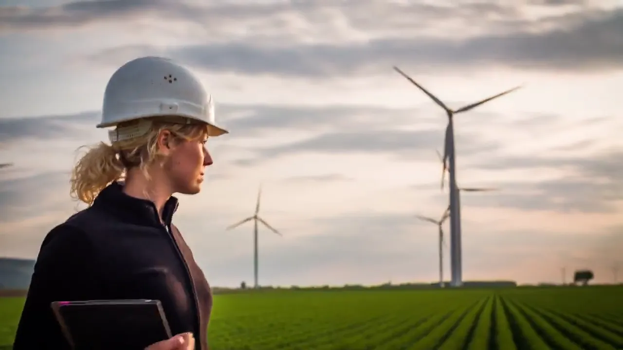 Woman in hard hat with wind turbines in background